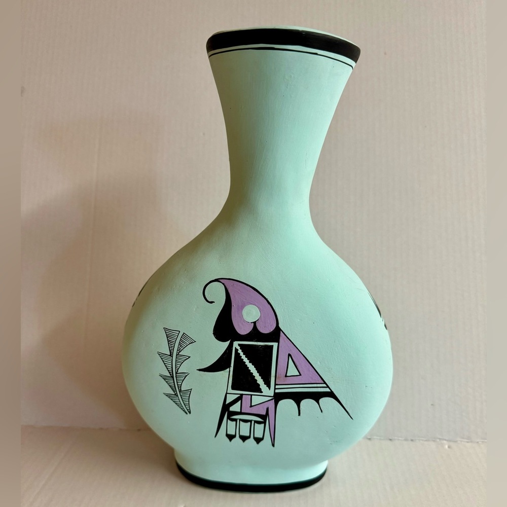 Tall 13” Vtg.Signed Acoma Native American blue green pottery with unique designs